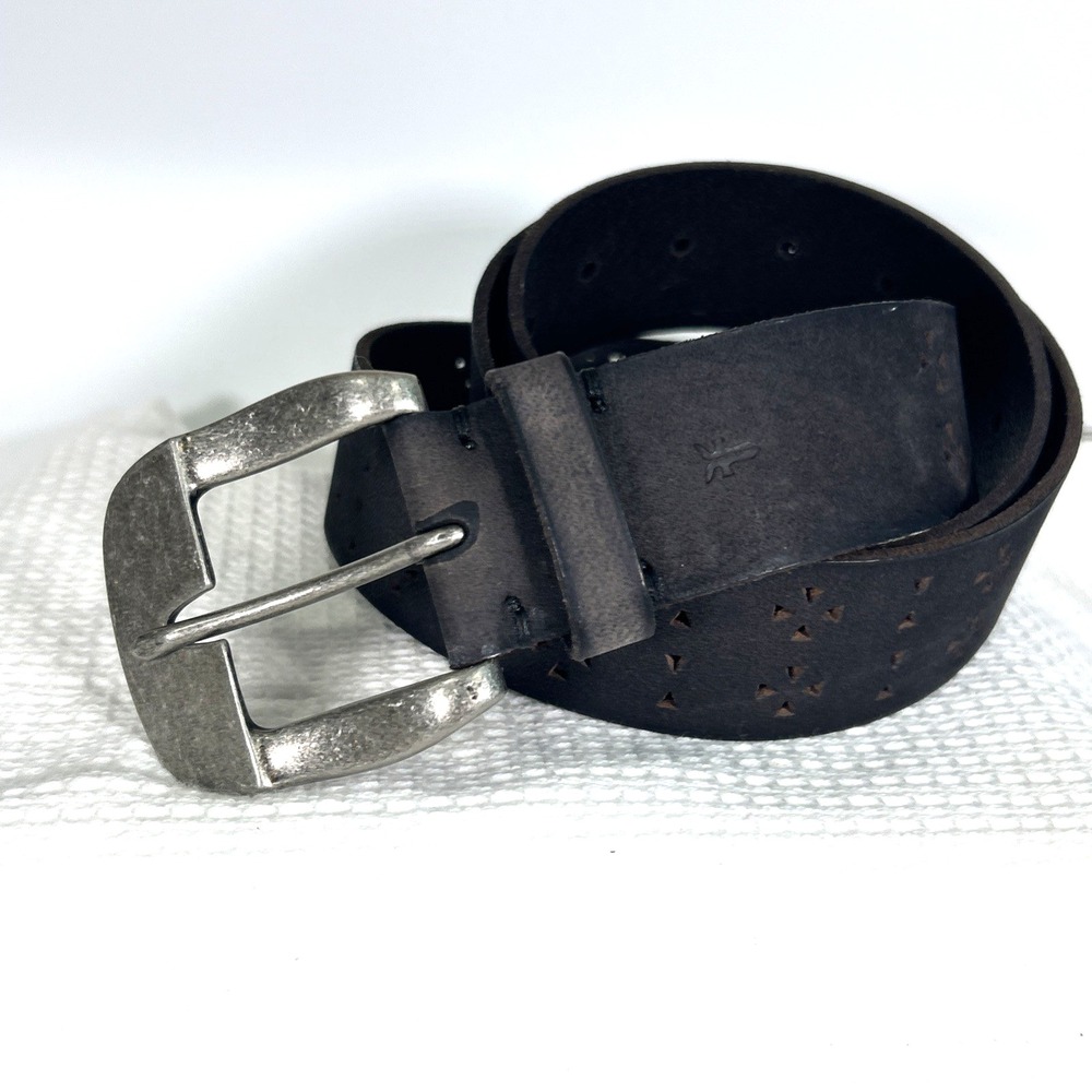 Frye Leather Belt Men's XL Black Perforated Distressed Nickle-tone Buckle